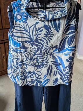 Bryn Walker Navy and White Cowl Cotton Casual Top & Northern Reflection Pants